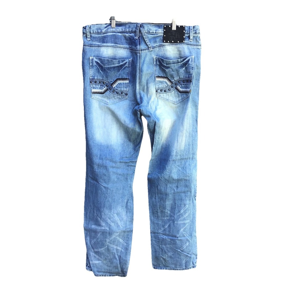 Akademiks Y2K Baggy Jeans Men's 41x35 Blue Studded Distressed Hip Hop Denim 38